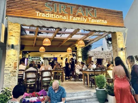 Sirtaki Tavern entrance in the evening, Analipsi Hersonissos, Crete
